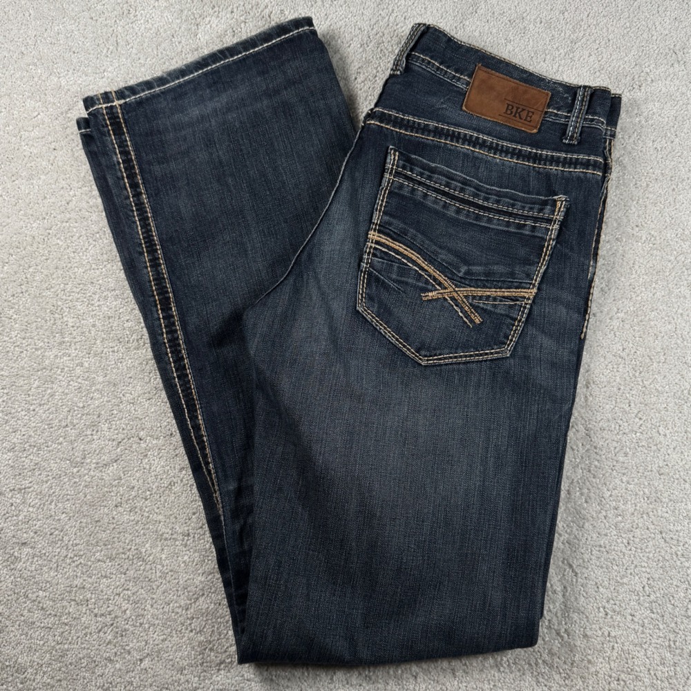 BKE Jake Jeans Mens 32L Dark Wash Distressed Straight Leg Contrast Stitch 32X34